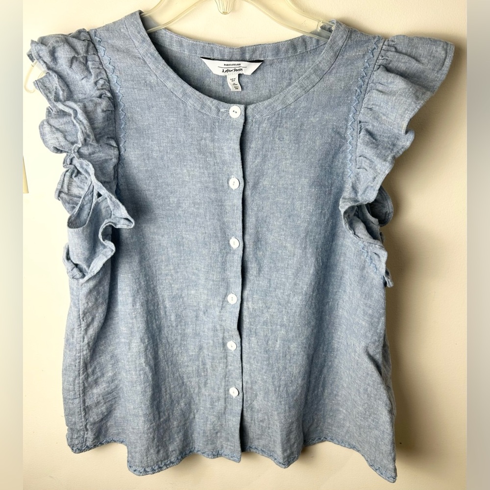 & Other Stories Linen & Cotton Top Ruffle Sleeves Blue 6 Button Down Stitch Trim